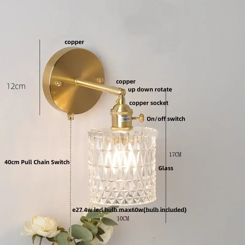Modern brass e27 led wall sconce with clear faceted glass shade and brass copper-finished mount for bedroom decorbites brass e27