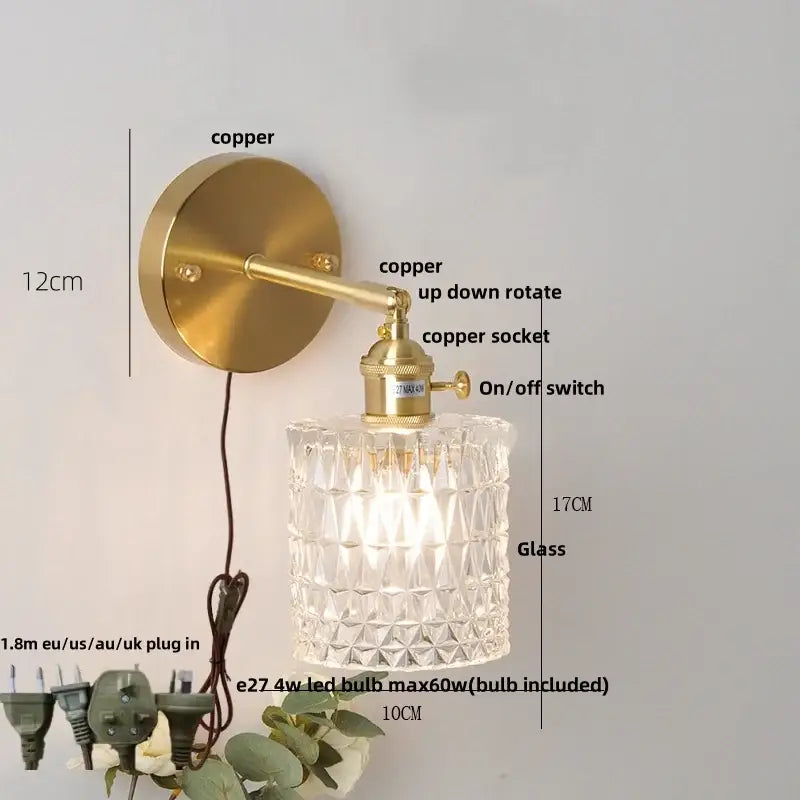 Modern brass e27 led wall sconce with gold-toned copper base and faceted clear glass shade for bedroom decorbites brass e27