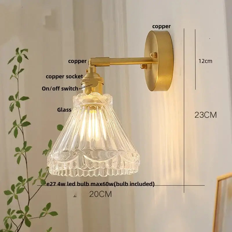 Modern brass e27 led wall sconce with a brass-finished copper arm and fluted glass shade for bedroom decorbites brass e27