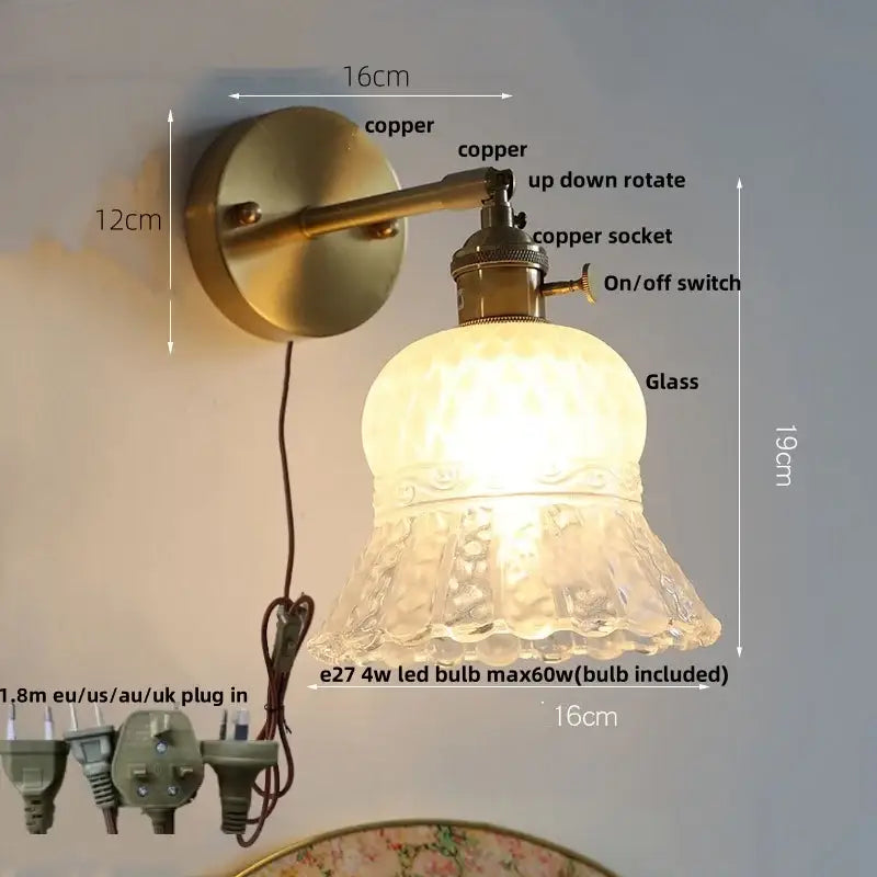 Modern brass e27 led wall sconce with vintage-style copper finish and textured frosted glass shade for bedroom decorbites brass e27