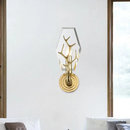 Modern brass finish wall lamp with gold-toned antler design and clear hexagonal glass shade 220v-240v 110v-120v
