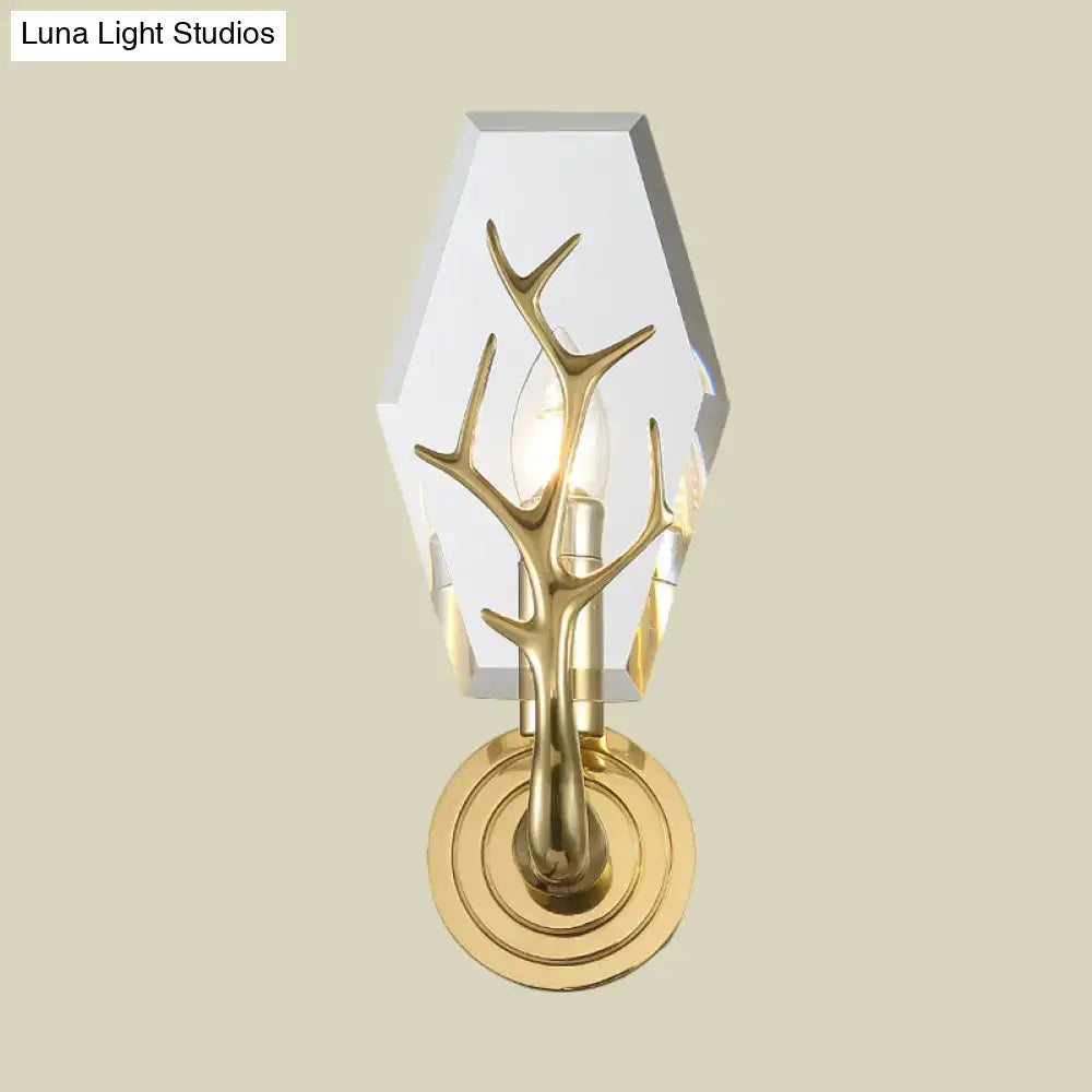 Modern brass finish antler wall lamp with gold-toned design and faceted crystal hexagonal backplate 220v-240v 110v-120v