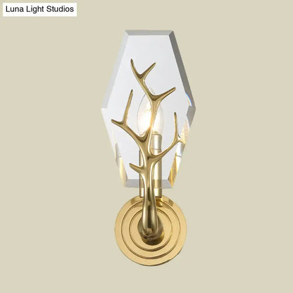 Modern brass finish antler wall lamp with gold-toned design and faceted crystal hexagonal backplate 220v-240v 110v-120v