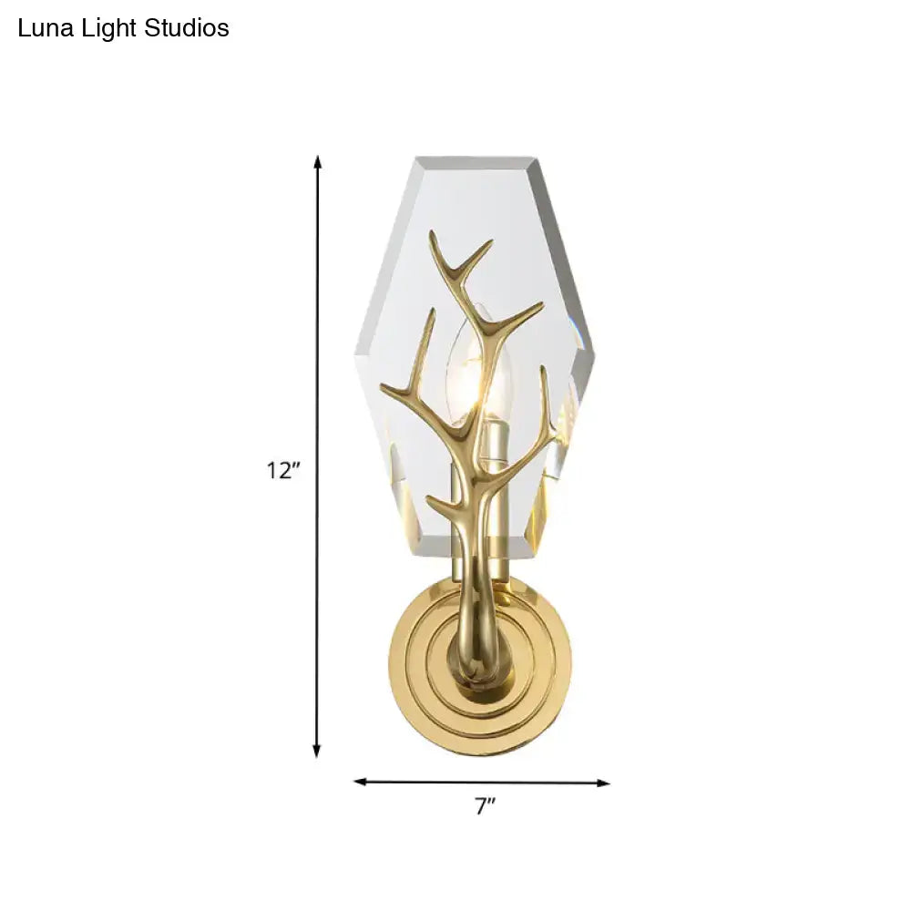 Modern brass finish antler wall lamp with gold tone and clear hexagonal crystal shade for 220v-240v 110v-120v use