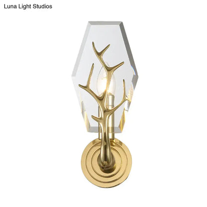 Modern brass finish wall lamp with gold-toned antler design and faceted crystal hexagonal shade for bedroom lighting 220v-240v 110v-120v