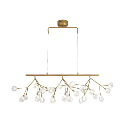Gold-toned decorbites 27-bulb island light with brass finish, branching metal arms, clear glass globe bulbs, 220v-240v 110v-120v