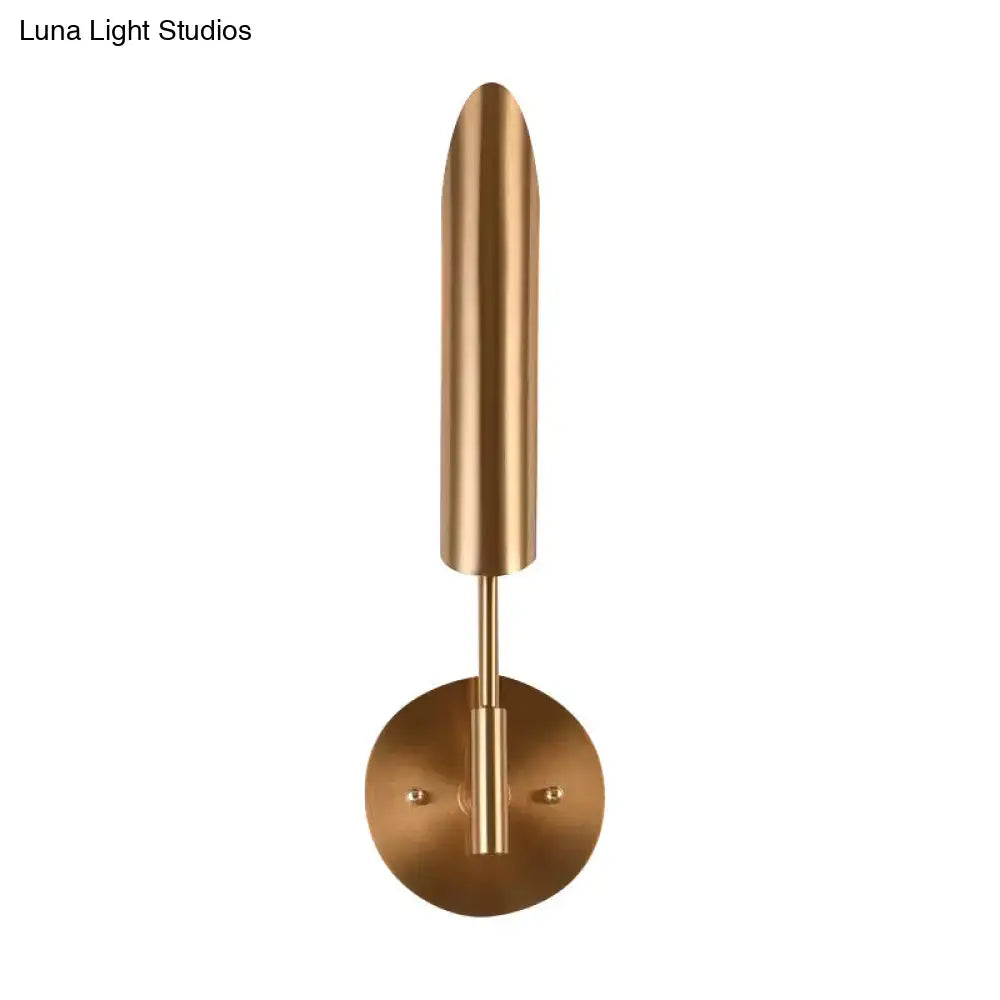 Modern brass finish led wall lamp with sleek elongated cylindrical shade and circular base for bedroom sconce 220v-240v 110v-120v