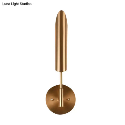 Modern brass finish led wall lamp with sleek elongated cylindrical shade and circular base for bedroom sconce 220v-240v 110v-120v