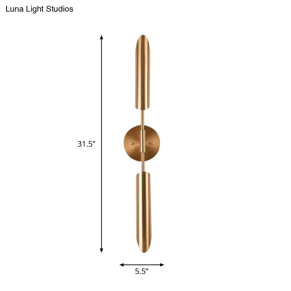 Modern brass finish led wall lamp with two cylindrical shades and circular mounting plate for bedroom sconce 220v-240v 110v-120v