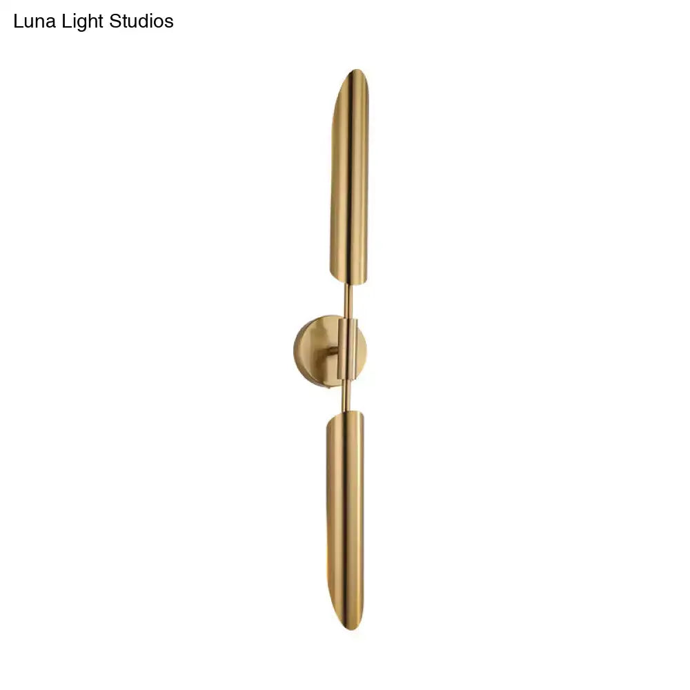 Modern brass finish led wall lamp with gold cylindrical arms and circular mount suitable for 220v-240v 110v-120v use