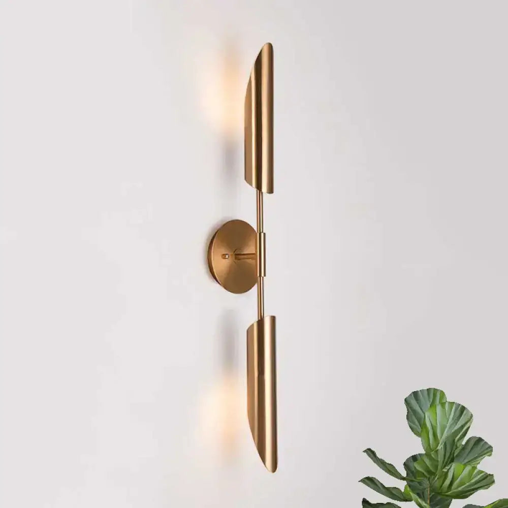 Modern brass finish led wall lamp with gold-toned cylindrical shades and minimalist circular base for bedroom use 220v-240v 110v-120v