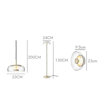 Modern brass floor lamp with glass lampshade featuring decorbites circular glass and minimalist metal frame for living room decor