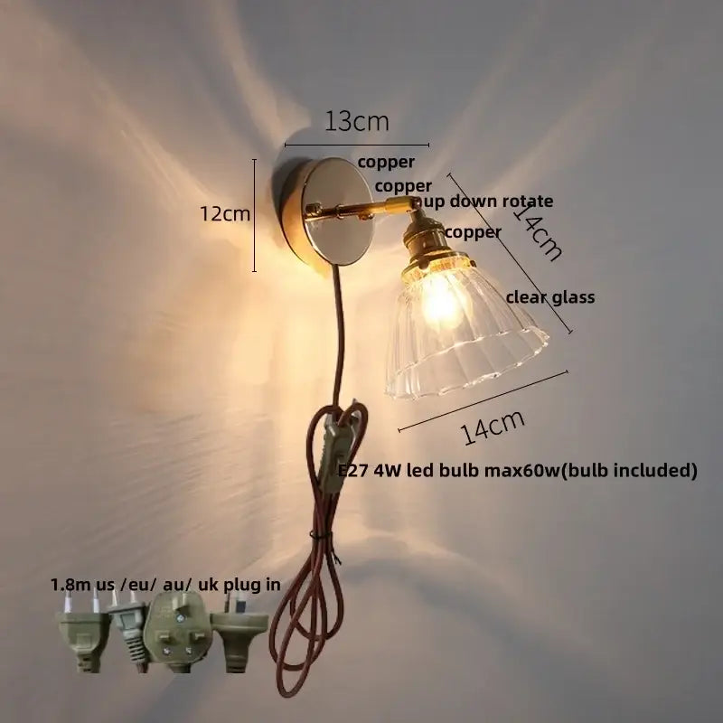Modern brass flower glass base led wall sconce with copper finish clear glass shade and e27 4w led bulb for decorbites glass base lighting