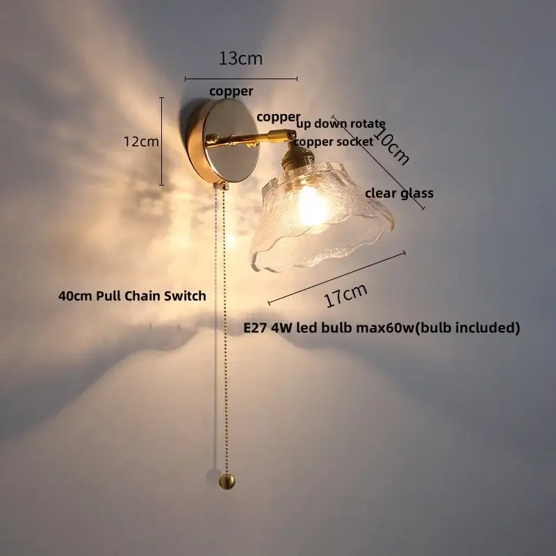 Modern brass flower glass base led wall sconce with copper finish and clear glass base led bulb for bedroom decorbites wall sconce