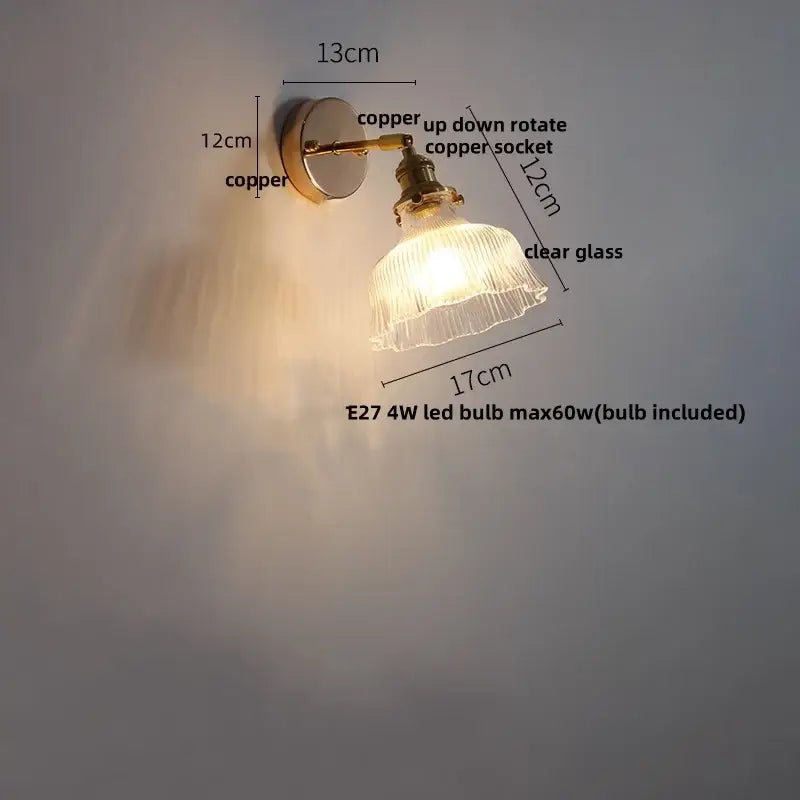 Modern brass flower glass base led wall sconce with copper finish and clear glass shade for bedroom decorbites wall sconce