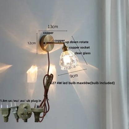 Modern brass flower glass base led wall sconce with copper adjustable arm and clear glass shade for bedroom decorbites glass base
