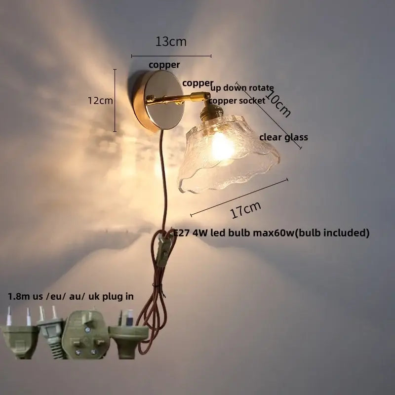 Modern brass flower glass base led wall sconce with copper wall sconce, clear glass shade, and rotating copper socket decorbites glass base