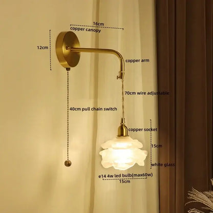 Modern brass flower glass led wall sconce with adjustable wire and pull chain switch for elegant bedroom lighting decorbites led wall