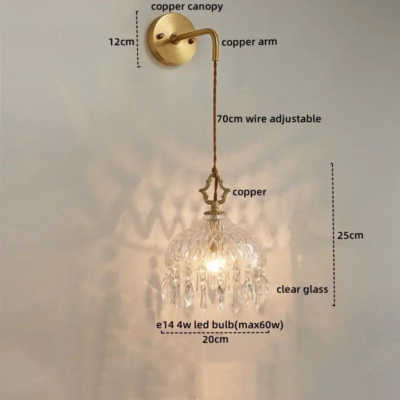 Modern brass flower glass led wall sconce with antique brass copper finish and clear crystal pendant with adjustable wire