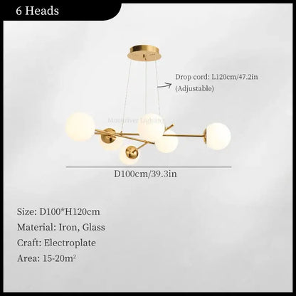 Gold electroplated iron pendant light with six frosted glass globes decorbites french glass ball for dining room decor