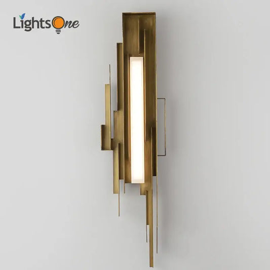 Modern brass geometric elegant wall lamp featuring a layered design and central illuminated rectangular panel for living room