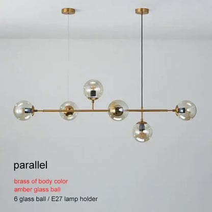 Modern brass glass ball chandelier with six amber glass spheres and e27 lamp holders for living room decorbites brass glass
