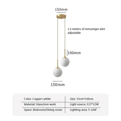 Modern brass glass ball led chandelier featuring gold-toned pendant light with two white glass spheres on adjustable wire