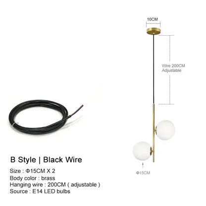 Modern brass glass ball led chandelier with two white spherical shades and adjustable black wire for dining room decorbites glass ball