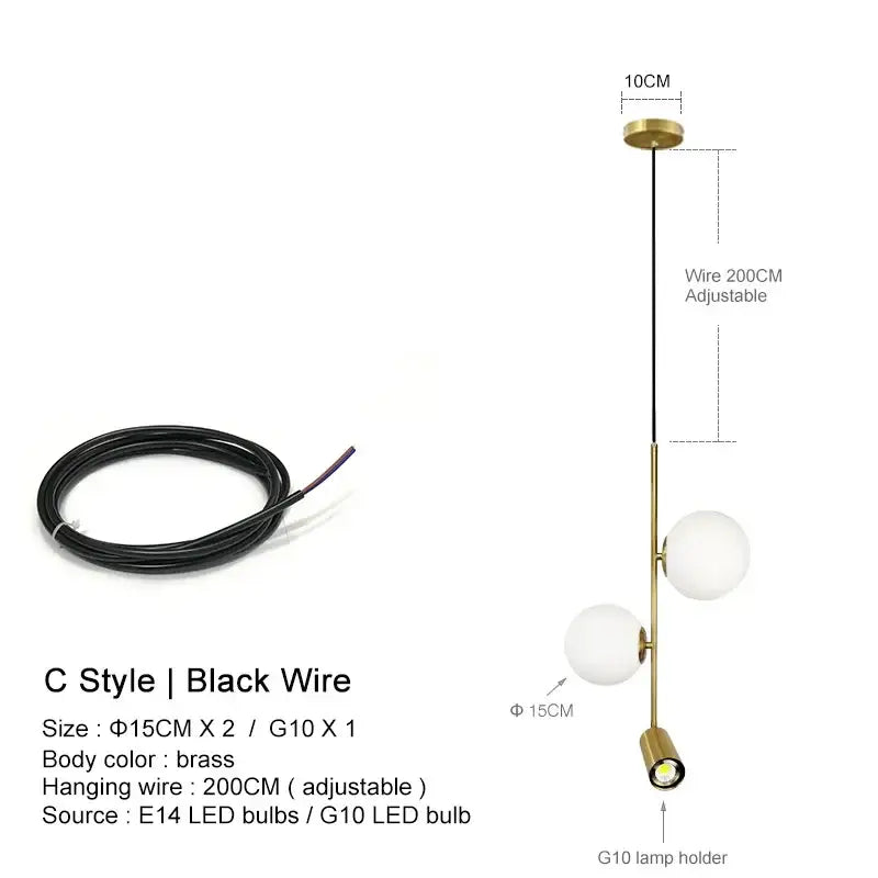 Modern brass glass ball led chandelier with two frosted glass globes and black adjustable wire for dining room decorbites glass ball