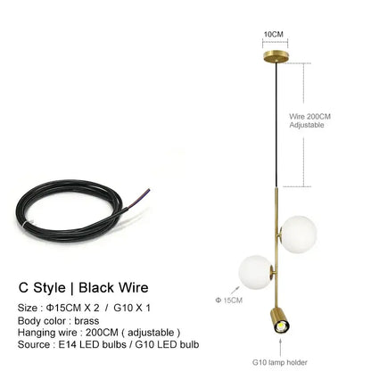 Modern brass glass ball led chandelier with two frosted glass globes and black adjustable wire for dining room decorbites glass ball