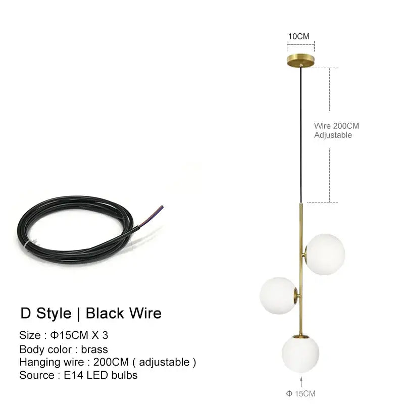 Modern brass glass ball led chandelier with three white glass shades and adjustable black wire for dining room decorbites glass ball