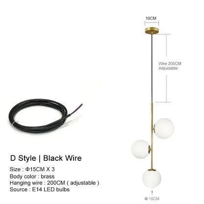 Modern brass glass ball led chandelier with three white glass shades and adjustable black wire for dining room decorbites glass ball