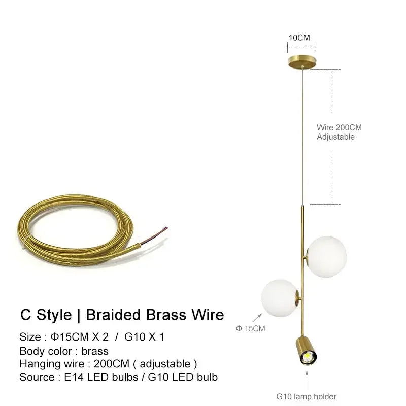 Modern brass glass ball led chandelier featuring gold c-style pendant light with two white glass shades and braided wire