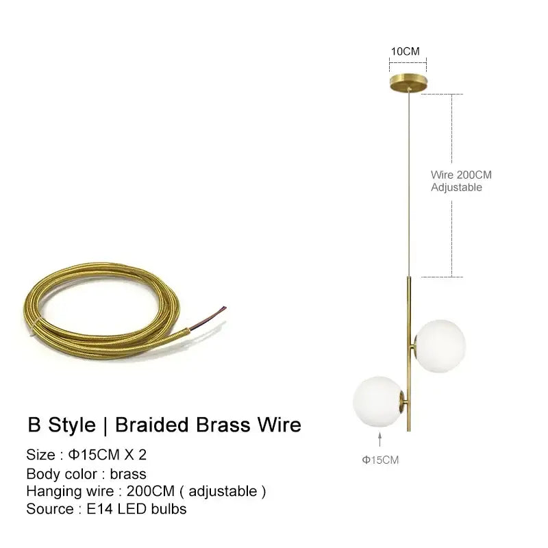 A modern brass glass ball led chandelier with two white spherical bulbs suspended by a 200cm braided wire