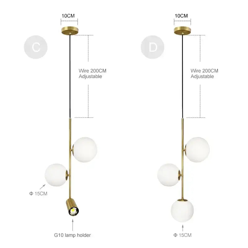 Modern brass glass ball led chandelier with three frosted spheres and adjustable 200cm wire for dining room decorbites glass ball