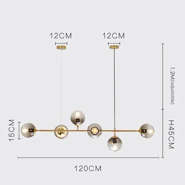 Modern brass glass ball metal pendant light with six spherical bulbs designed for kitchen bar lighting decorbites pendant lights