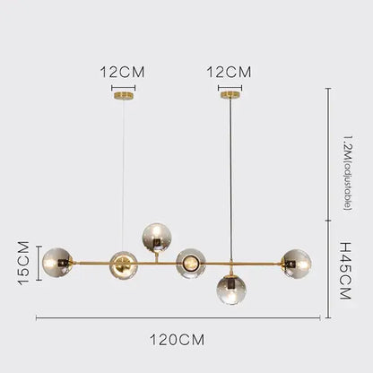 Modern brass glass ball metal pendant light with six spherical bulbs designed for kitchen bar lighting decorbites pendant lights