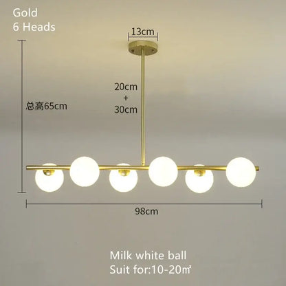 Modern brass glass ball pendant chandelier with six milk white spherical bulbs for dining room decorbites glass ball