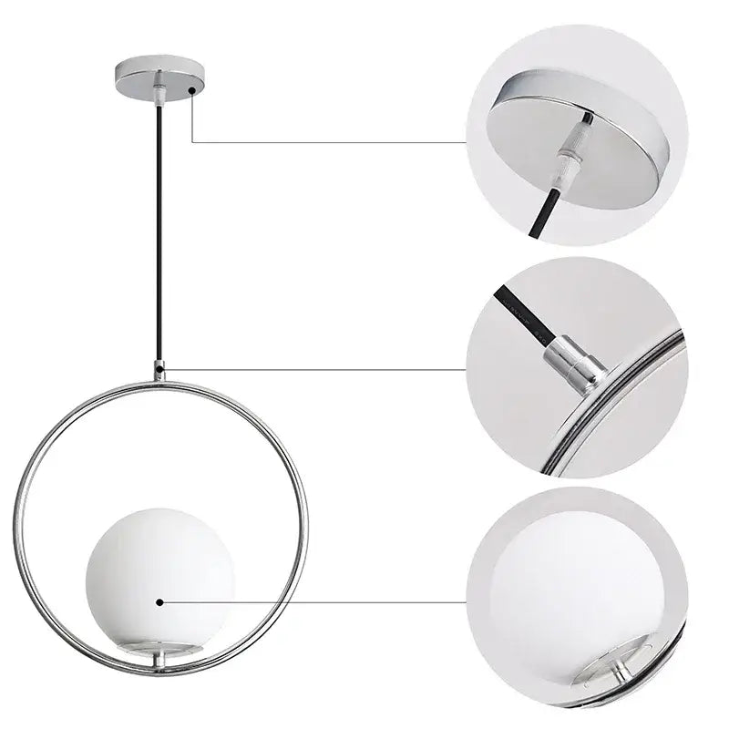 Modern brass glass ball pendant lights with chrome finish featuring a sleek circular frame and white glass ball pendant