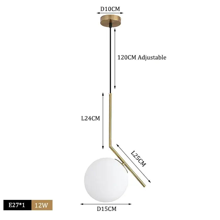 Modern brass glass ball pendant light with frosted white glass shade and adjustable curved arm for kitchen decorbites decor