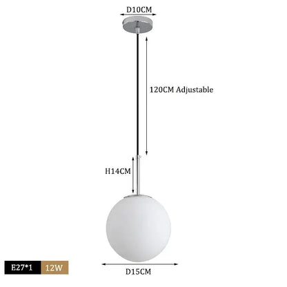 Modern brass glass ball pendant lights featuring a sleek white glass ball pendant with chrome mount and adjustable chain