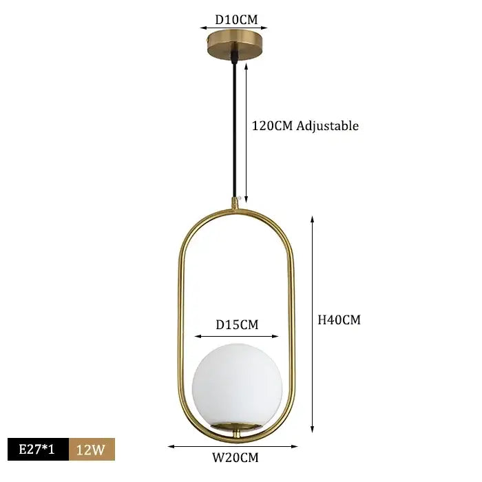 Modern brass glass ball pendant lights feature a gold-toned oval frame with a frosted glass globe for stylish decorbites lighting