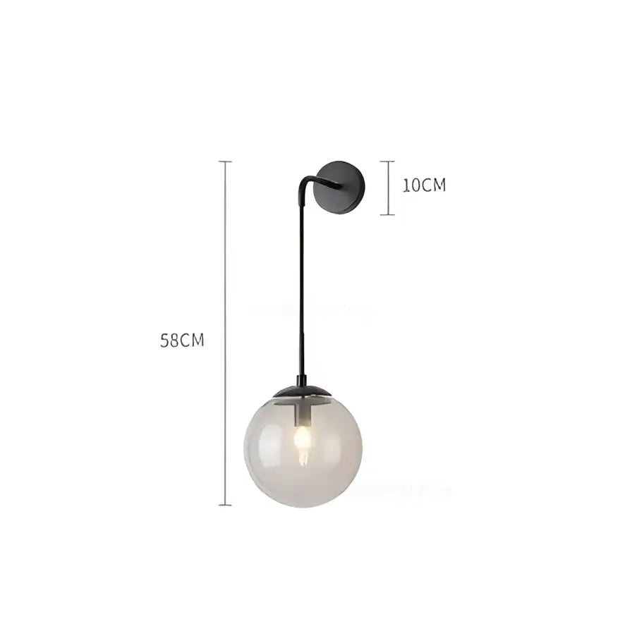 A sleek black metal wall lamp with frosted glass globe and exposed bulb, decorbites glass ball wall lighting 58cm tall