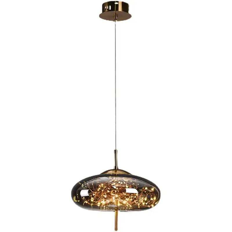 Modern brass glass cord pendant light with dark smoked glass shade and iron finish brass hardware for dining room use