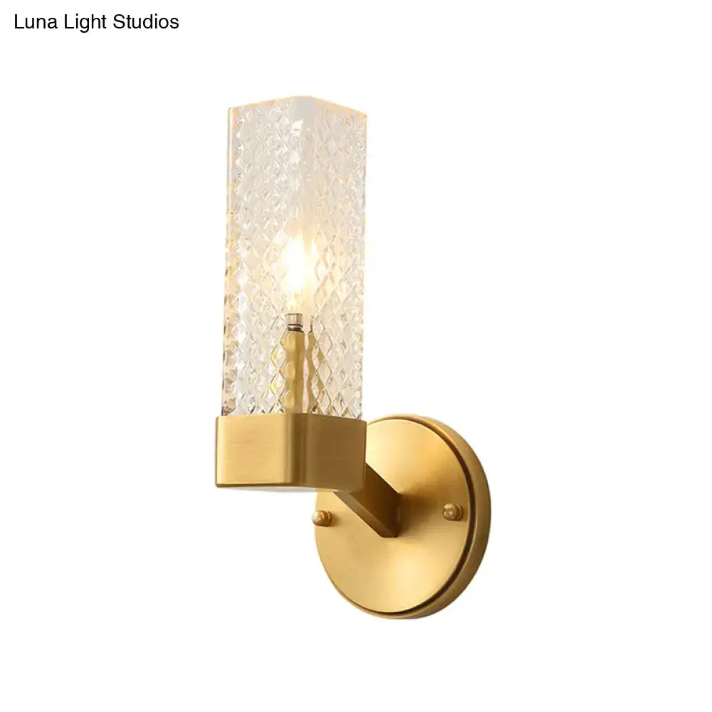 Gold-finished modern brass wall lamp with textured clear glass cubic cylinder for living room e12 e14 light