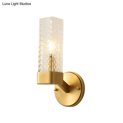 Gold-finished modern brass wall lamp with textured clear glass cubic cylinder for living room e12 e14 light