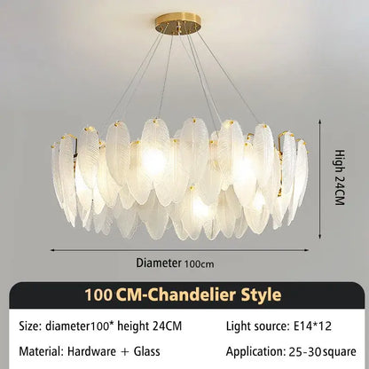 Modern brass glass feather chandelier with translucent white glass feather shades and gold metal mount for dining room