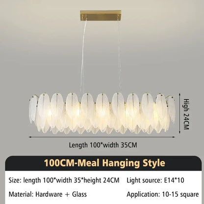 Modern brass glass feather chandelier with translucent white glass feather shades in a circular pattern for dining room