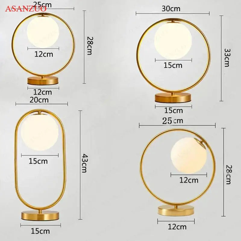 Modern brass glass led table lamp with gold-toned circular frames and frosted globes for bedroom reading decorbites brass glass