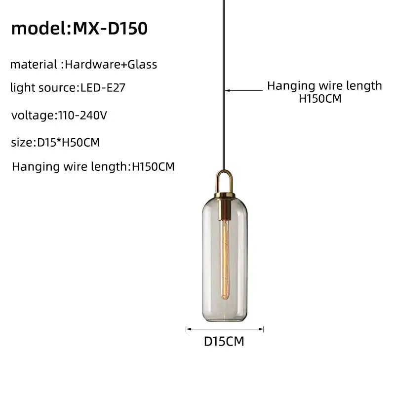Modern brass glass staircase chandelier featuring a cylindrical clear glass body with exposed led filament bulb